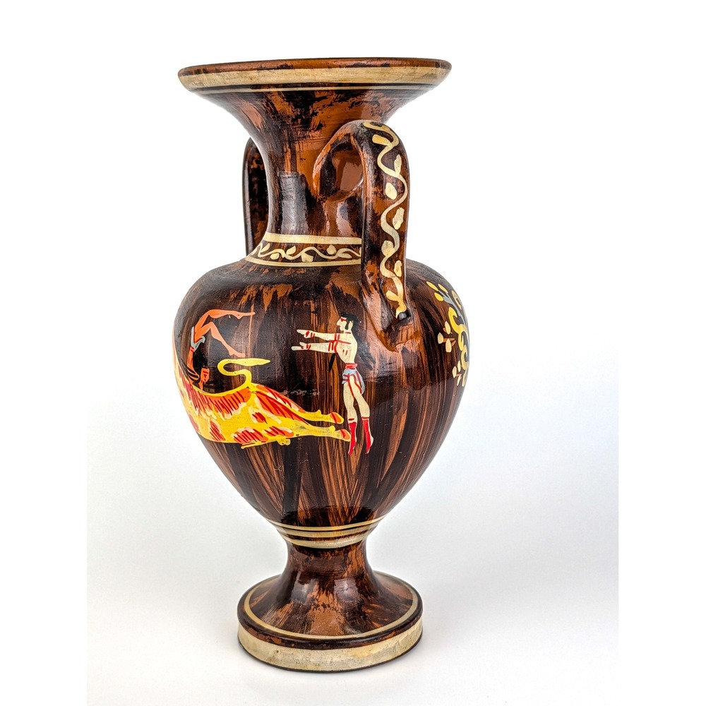 Vintage Greek Amphora Vase Hand Painted Bull Leaping Minoan Pottery Brown 7.25in